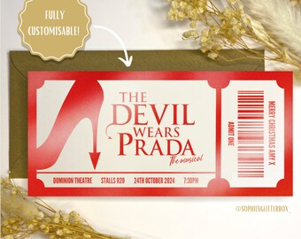 The Devil Wears Prada Musical ticket, Foil Gift Voucher Ticket, personalised gift, gift reveal, surprise ticket, real foil ticket.