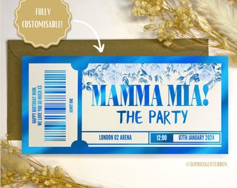 Mamma Mia The Party, Foil Gift Voucher Ticket, personalised gift, gift reveal, surprise ticket, Mamma Mia The Musical
