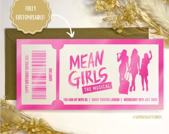 Mean Girls The Musical Ticket, Foil Gift Voucher Ticket, personalised gift, gift reveal, surprise ticket, real foil ticket, theatre ticket.