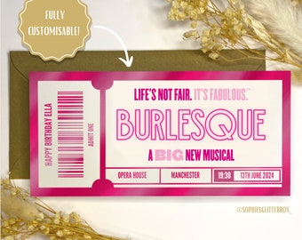 Burlesque, Foil Gift Voucher Ticket, personalised gift, gift reveal, surprise ticket, Burlesque The Musical