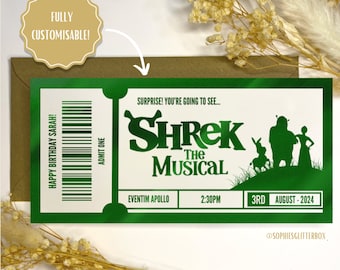 Shrek The Musical Ticket, Foil Gift Voucher Ticket, personalised gift, gift reveal, surprise ticket, real foil ticket, theatre ticket.