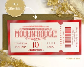 Foil Gift Voucher Ticket, personalised gift, gift reveal, surprise ticket, Moulin Rouge, Moulin Rouge The Musical Ticket