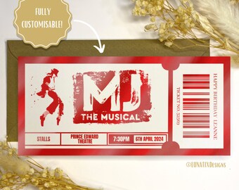 MJ The Musical Ticket, Foil Gift Voucher Ticket, personalised gift, gift reveal, surprise ticket, Michael Jackson The Musical.