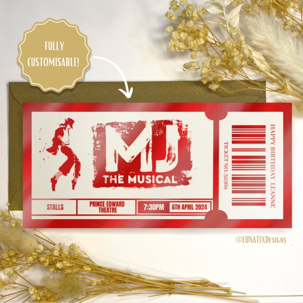 MJ The Musical Ticket, Foil Gift Voucher Ticket, personalised gift, gift reveal, surprise ticket, Michael Jackson The Musical.