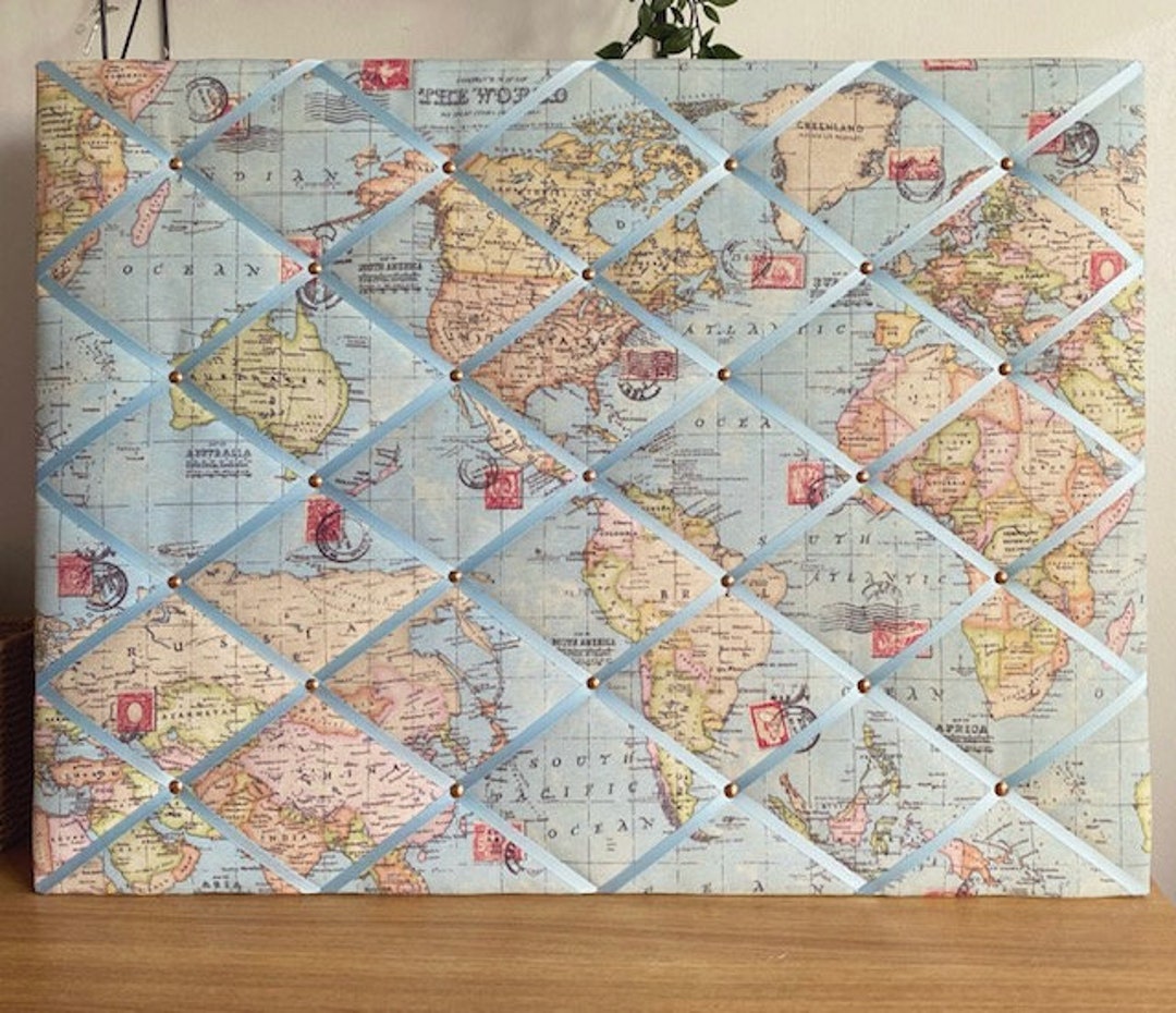 Handmade Atlas World Map Fabric Notice Board – Ribbon Memo Pin Board ...