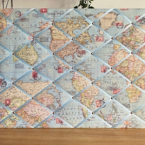 Handmade Atlas World Map Fabric Notice Board – Ribbon Memo Pin Board