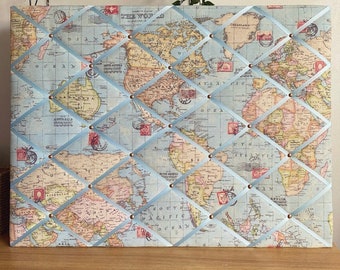 Handmade Fabric Notice Board/Memo Board/Message Board/Pin Board - Atlas World Map Globe Fabric - Ribbon & Pins