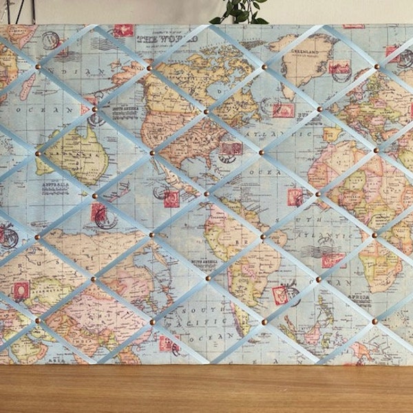 Handmade Fabric Notice Board/Memo Board/Message Board/Pin Board - Atlas World Map Globe Fabric - Ribbon & Pins