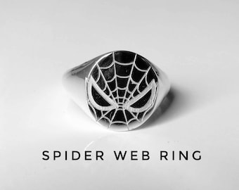 Spider web ring,spiderman facemask ring,silver engraved ring,kids birthday gift,Oval signet Spiderman Resizable Ring.Trendy.Marvel.Avengers.