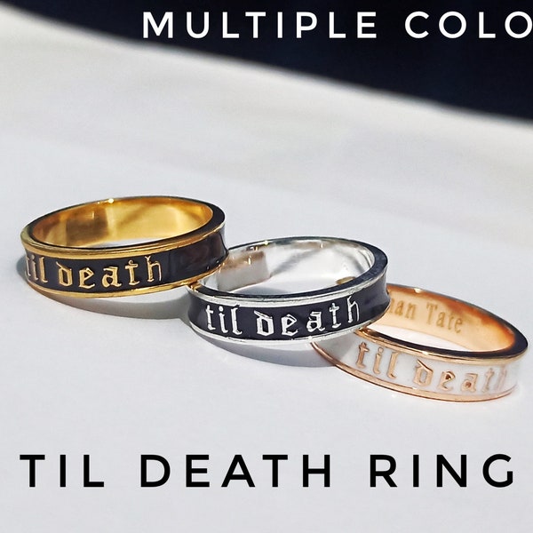 Til Death Ring Set of 2 Personalized Enamel Band Ring . His and Her Ring Set. Gift for Couple. Black Enamel Band. Anniversary , Wedding Band