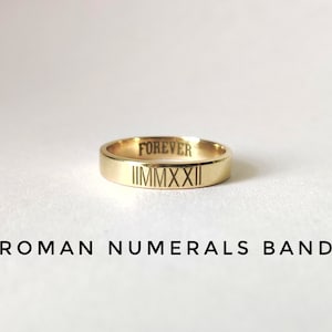 14k Gold Custom Roman Numerals Ring, Custom Name Ring, Custom Date Ring, Flat Band ring, Engraved Band Ring, Roman Numerical Date Ring Gifts