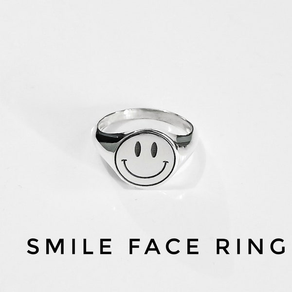 smiley face ring, happy face signet ring, minimal pinky ring, funky stackable ring, friendship gift, womens gift Personalized Silver Rings