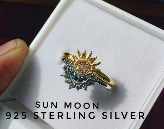 Celestial Sun Moon Ring Set 925 Sterling Silver 14k Gold