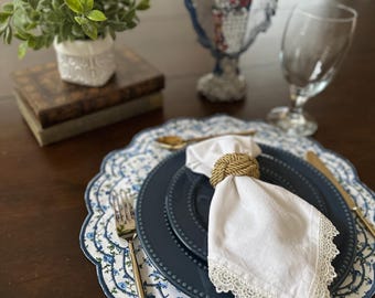 Set of 4 Embroidered Reversible Placemats “Belle Fleur” – Blue Floral Cotton, Handmade, Elegant Table Setting