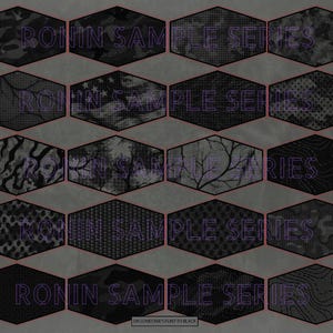 May include: A collection of dark gray and black patterned designs, each within a hexagonal frame. The text "RONIN SAMPLE SERIES" is visible on each frame. The designs include camouflage, tree branches, and dotted patterns. The phrase "ON LONESTAR'S FLINT TO BLACK" is at the bottom.