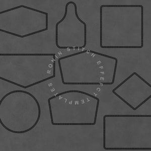 May include: A collection of black outline shapes, including rectangles, a circle, and a tag shape, on a gray background. The text "RONIN STITCH EFFECT TEMPLATES" is visible in a circular pattern around some shapes.
