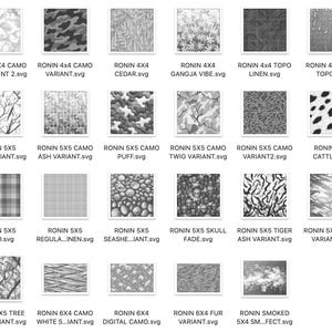 May include: A selection of monochrome digital patterns, featuring camouflage, textures, and abstract designs. Each pattern is labelled with a descriptive name, such as "Areca Variant" or "Tiger Variant2."