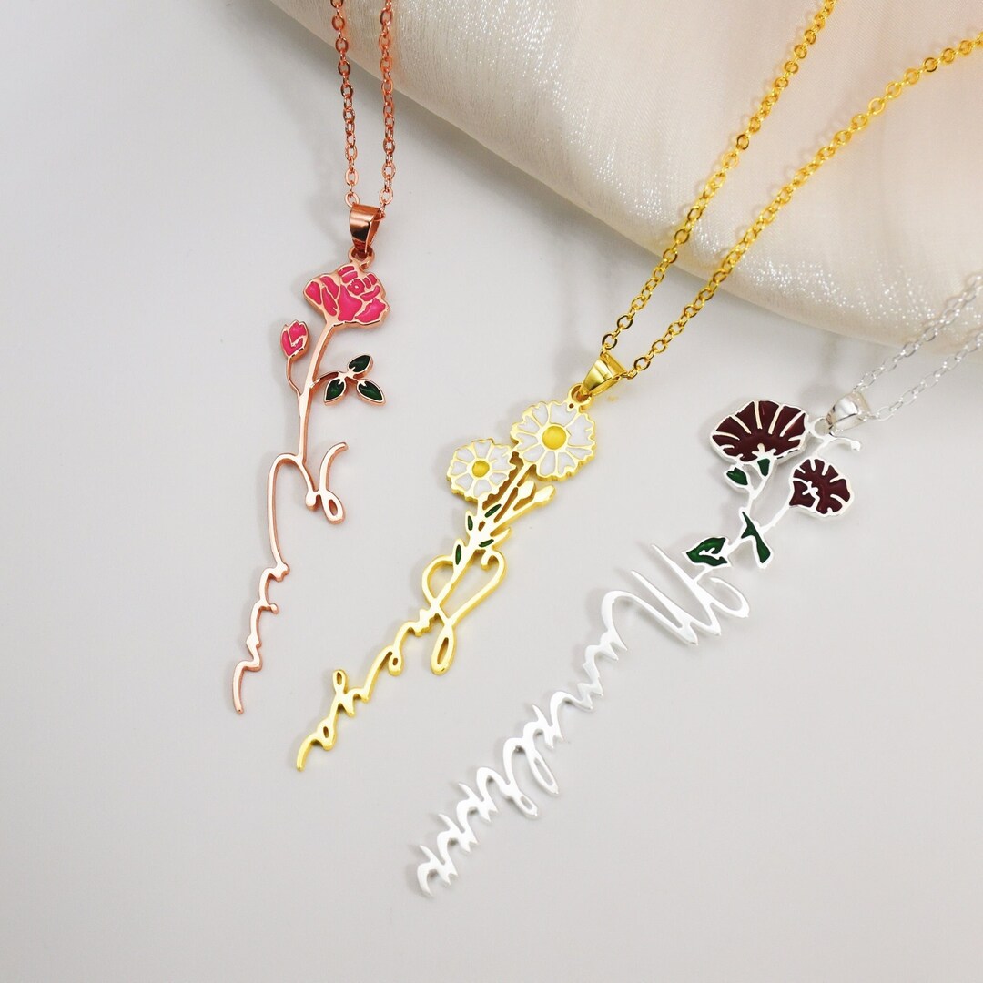 Name Necklace With Birth Flower Personalized Gifts Birthday - Etsy UK