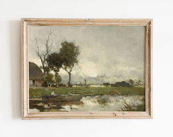 Vintage Country Farmhouse Oil Painting | Cottagecore Moody Landscape | Printable Wall Art for DIGITAL DOWNLOAD
