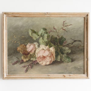 May include: A framed painting of a still life featuring a bouquet of pink roses with green leaves and stems, set against a muted gray background.