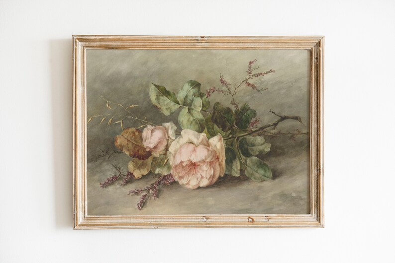 May include: A framed painting of a still life featuring a bouquet of pink roses with green leaves and stems, set against a muted gray background.