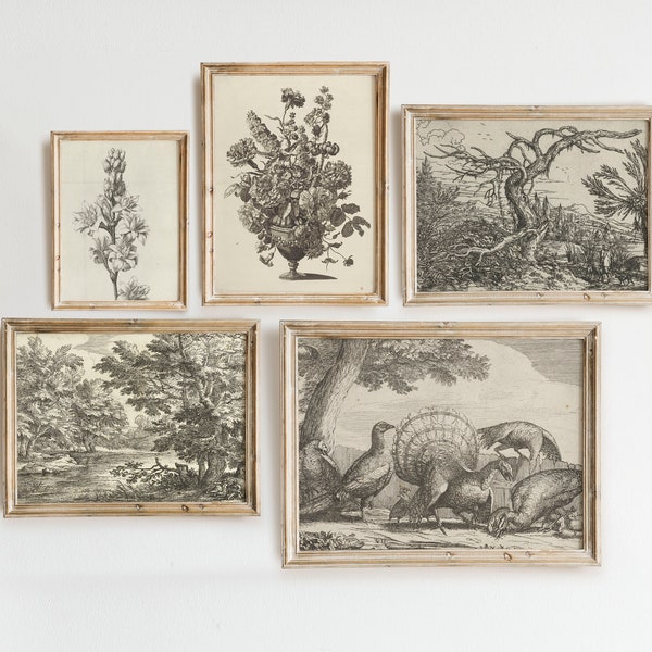 Vintage Gallery Wall Set | French Country Decor - Animal and Botanical Sketches - Printable DIGITAL DOWNLOAD