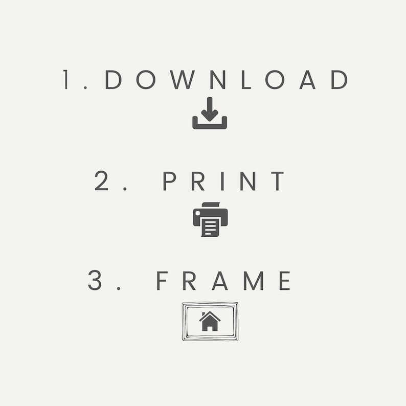 May include: A graphic with three steps for creating a printable: 1. Download, 2. Print, and 3. Frame. The graphic includes icons for each step: a download arrow, a printer, and a picture frame.