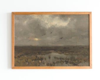 Moody Marsh Oil Painting | Dark Landscape | Vintage Birds Painting | Printable Wall Art for instant DIGITAL DOWNLOAD