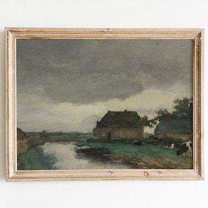 Vintage Country Farmhouse Oil Painting | Cottagecore Landscape | Cow Print | Printable Wall Art for instant DIGITAL DOWNLOAD