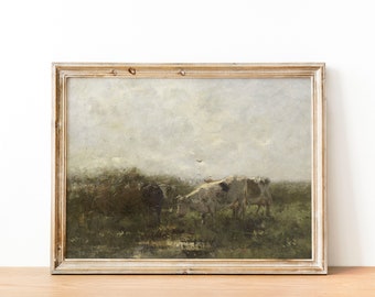 peinture à l’huile de pays pastoral vintage | Décor maussade Cottagecore | Vaches dans un champ | Art mural imprimable pour TÉLÉCHARGEMENT NUMÉRIQUE