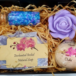 Natural Lavender Spa Gift Box | Rose Bath Bomb, Soy Candle Orchid Dream Spa Lux