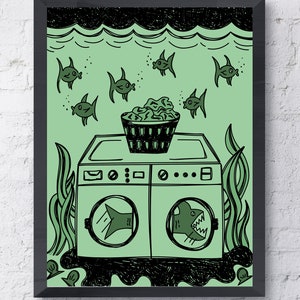 Fishies Doing Laundry, monochromatic art, fish art, ocean art, trippy art, psychedelic art, animal art gifts, pet gifts, pet art