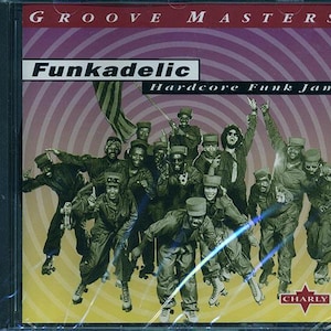 May include: CD case for the Funkadelic album "Hardcore Funk Jam." The cover features a group of people in military-style outfits, some on roller skates, with a flag and the band's name in bold letters. The background has a radial design.