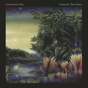 May include: Album cover art for Fleetwood Mac's "Tango In The Night." The artwork depicts a moonlit jungle scene with a pond, egrets, and elephants. The album title is at the top right, and the band name is at the top left.