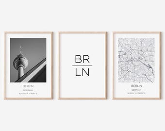 ZoeyAustin® Set of 3 Posters, City Poster, (30 cm x 42 cm), Living Room, Bedroom Decoration, Black/White (Berlin)