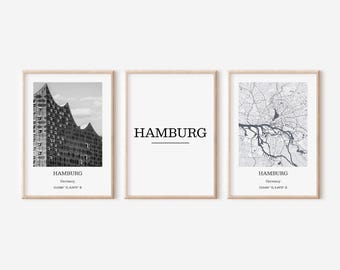 ZoeyAustin® Set of 3 Posters, City Poster, DIN A3 (30 cm x 42 cm), Living Room, Bedroom Decoration, Black/White (Hamburg)