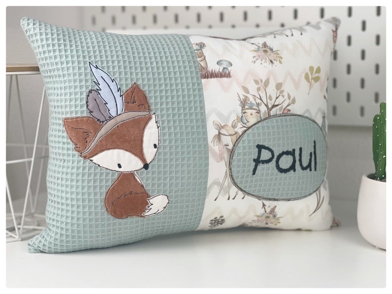 Baby pillow / birth pillow / name pillow / forest animals / desired name / embroidered / personalized / fox / bear / owl / fawn image 1