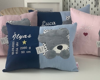Baby pillow / birth pillow / name pillow / baptismal pillow / birth / baptism / bear / pink / light blue / personalized