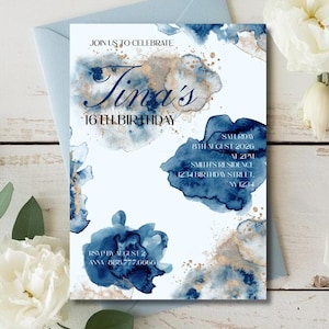 Blue Gold Marble Birthday Invitation | Dark Blue Wedding Invitation Template | Editable Party Invitation | Printable Digital Download