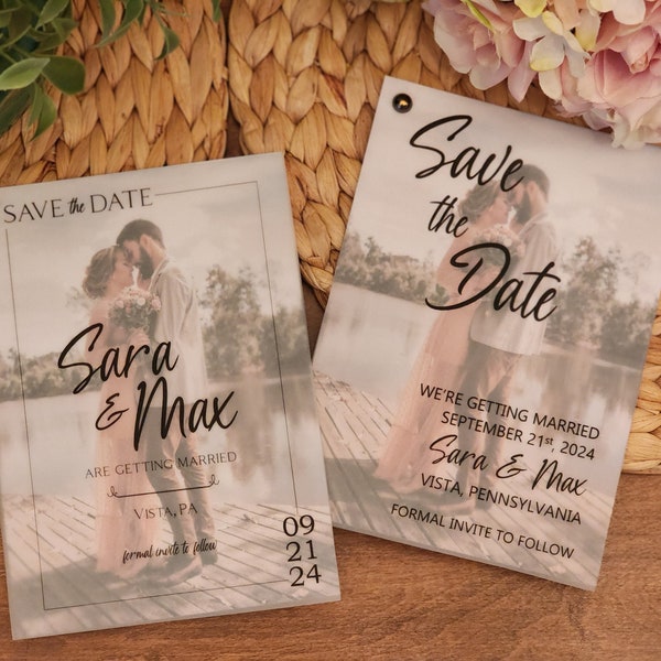 Photo Save the Date Cards with Printed Vellum Overlay, Envelopes Included, Personalized Details, Modern Minimalist, Translucent