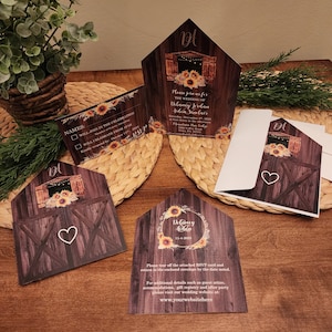 Rustic Barn Wedding Invitations, Tear off RSVP, Sunflowers, Fairy Lights, Country, 2-Sided Print, Personalized Initials, Farm, Wood, Fall