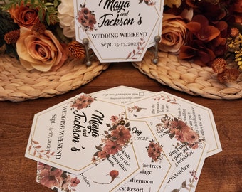 Fall Floral Hexagon Wedding Invitation Set, Layered Fan Wheel design, Modern Boho, geometric