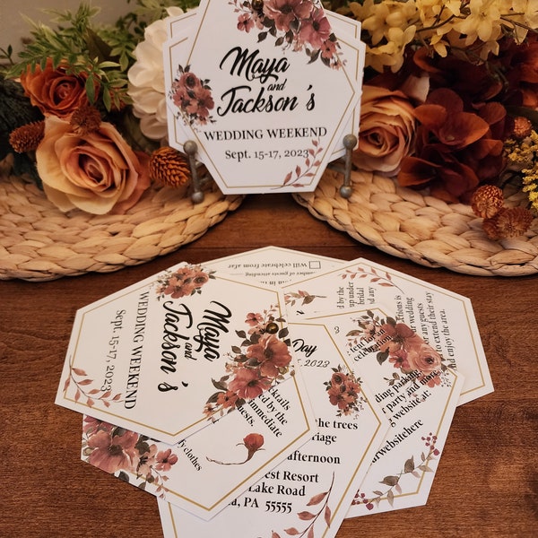 Fall Floral Hexagon Wedding Invitation Set, Layered Fan Wheel design, Modern Boho, geometric