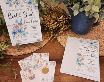 Soft Dusty Blue and Vintage Rose Floral Bridal Shower Bundle, Invitation, Scratch off-game, Welcome Sign