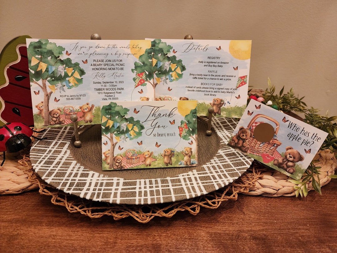 Vintage Teddy Bear Picnic Baby Shower Invitations, 2sided Print, Thank