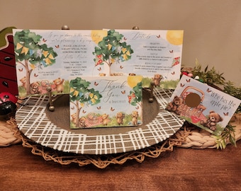 Vintage Teddy Bear Picnic Baby Shower Invitations, 2-sided print, Thank You cards, Gender Neutral, Sunshine, Birthday Invite