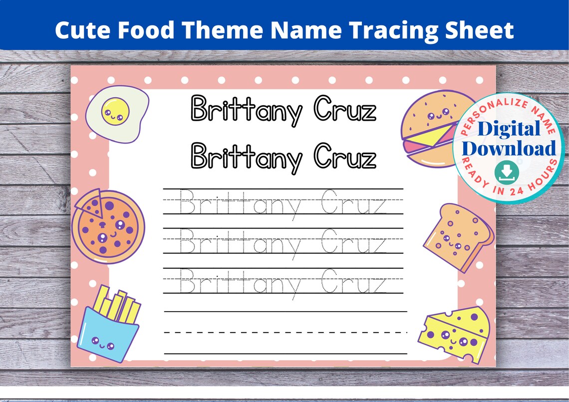Learn to Write Name/ Cute Food Theme Custom Name Tracing Etsy