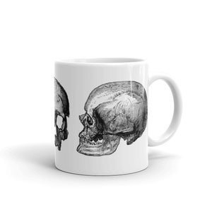 Könnte beinhalten: Eine weiße Keramiktasse mit einer Schwarzweißillustration von zwei menschlichen Schädeln auf der Vorderseite. Die Schädel sind in verschiedene Richtungen gerichtet.