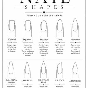 May include: A black and white informational chart titled NAIL SHAPES, FIND YOUR PERFECT SHAPE. It displays ten distinct nail shapes including square, squoval, round, oval, almond, ballerina, stiletto, mountain peak, lipstick, and arrow head.