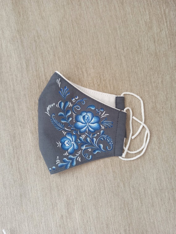 Breathable Cotton/Linen Face Mask - White Flowers, Washable, Adjustable Straps, Adult